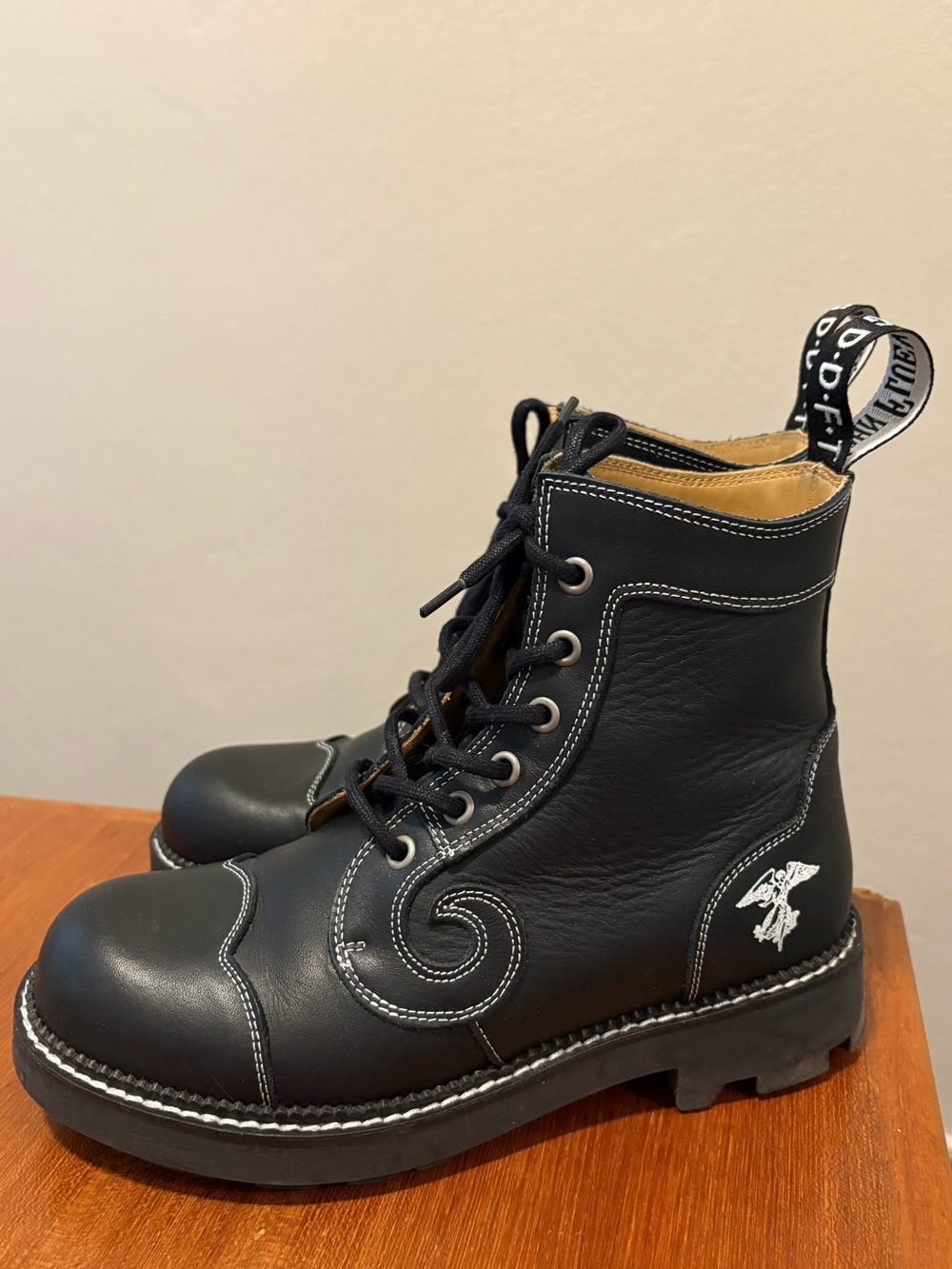 John Fluevog Black Leather Derby Swirl boots, W8